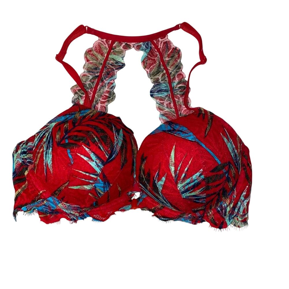 PINK Victoria's Secret Red and Blue tropical Lace Bra 34D halter front closure